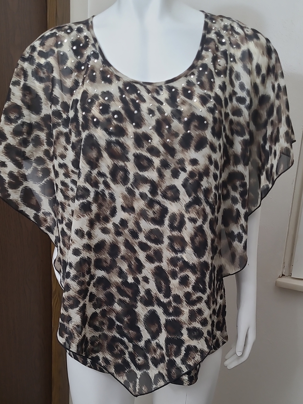Notations Leopard Print Sheer Blouse with Stud Accents - Brown/Black